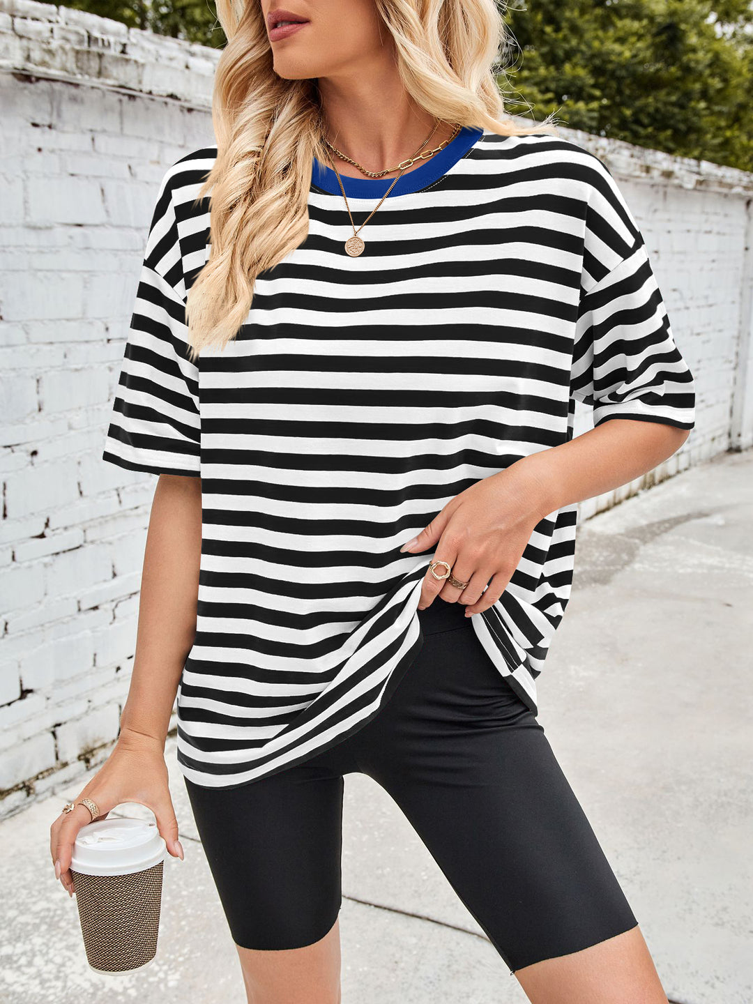 Black Oversized striped tee with contrast ribbed crew neck