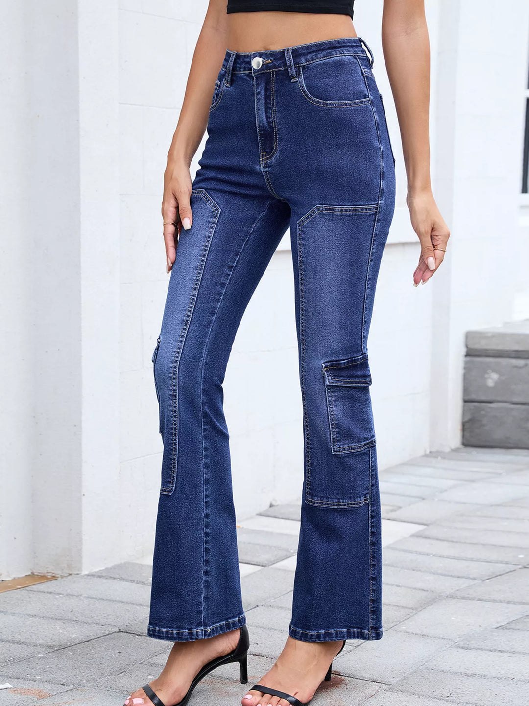 High-rise bootcut cargo jeans with paneled seams
