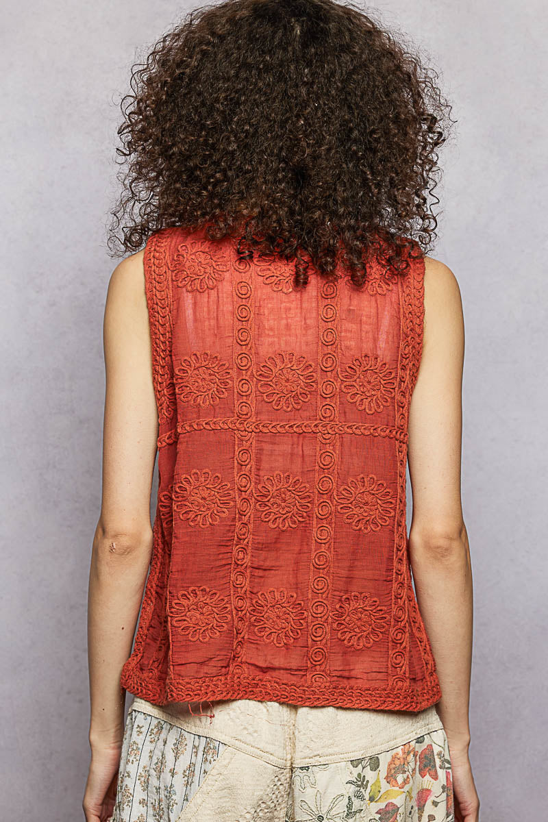 Open crochet V-neck button-down sweater vest