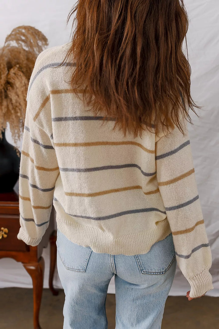 Striped knit button-front cardigan with V-neck