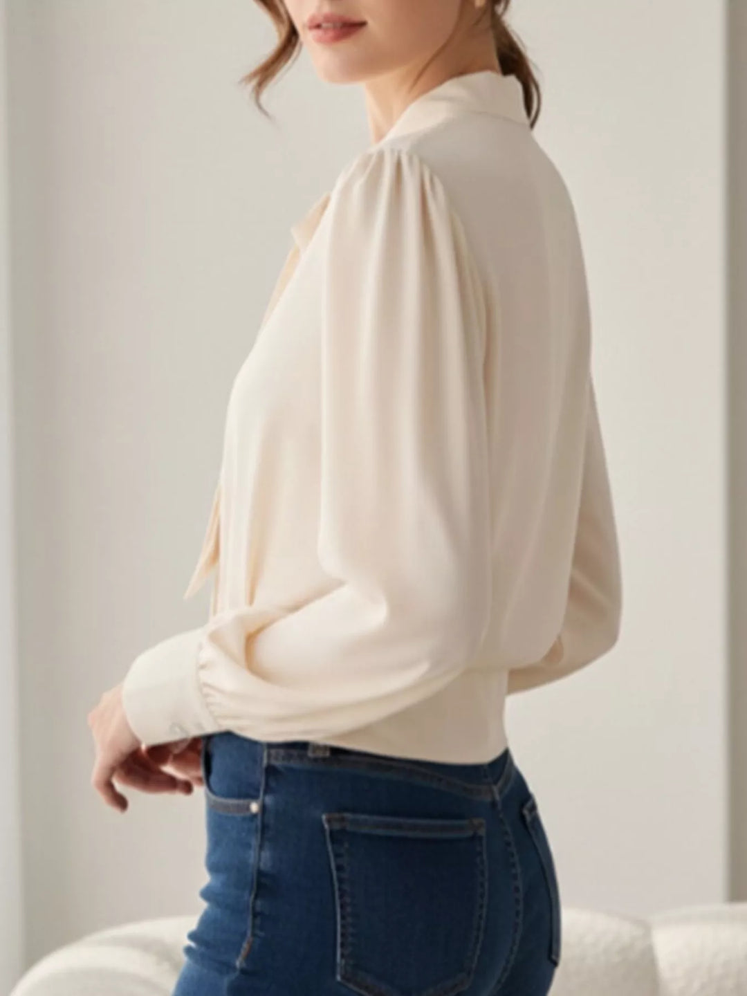 Puff sleeve bow-tie neck button-front blouse