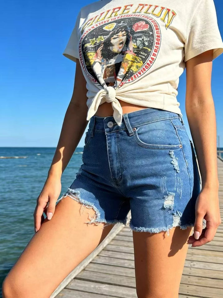 Sky Blue Distressed high-rise denim shorts with frayed raw hem