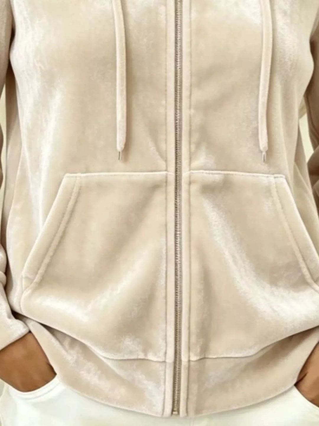 Velvet zip-up hoodie jacket with drawstring and front pockets