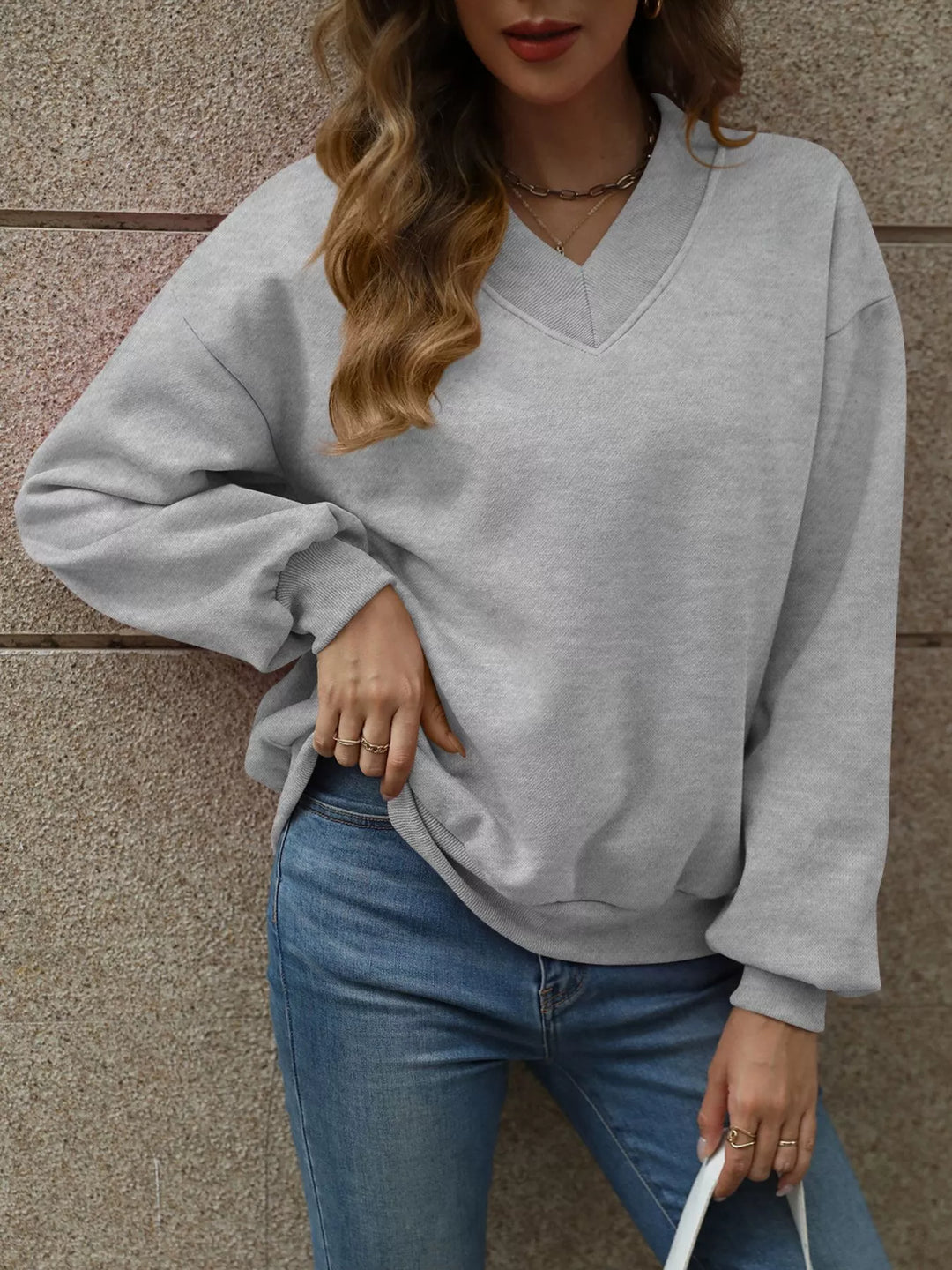 Light Gray V-neck drop-shoulder pullover sweatshirt with ribbed trim