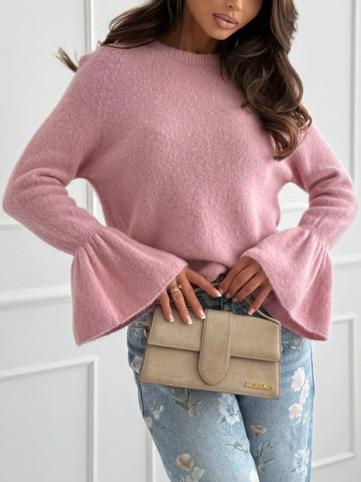Round neck flounce sleeve ribbed knit sweater