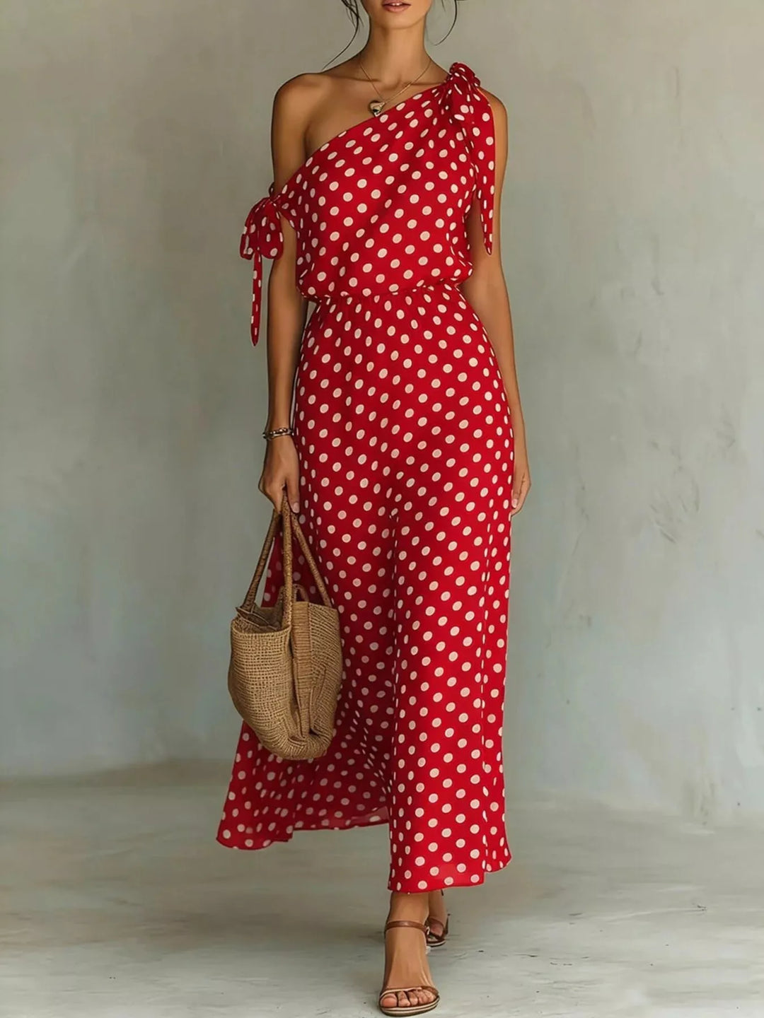 Red Polka dot one-shoulder maxi dress with shoulder tie
