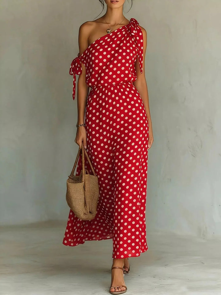 Red Polka dot one-shoulder maxi dress with shoulder tie