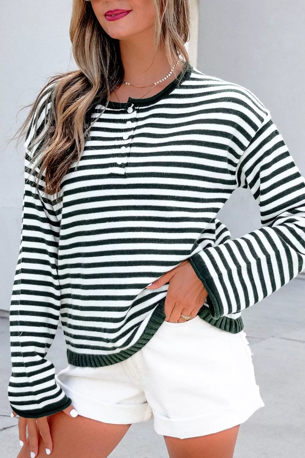 Striped drop shoulder henley sweater with button placket