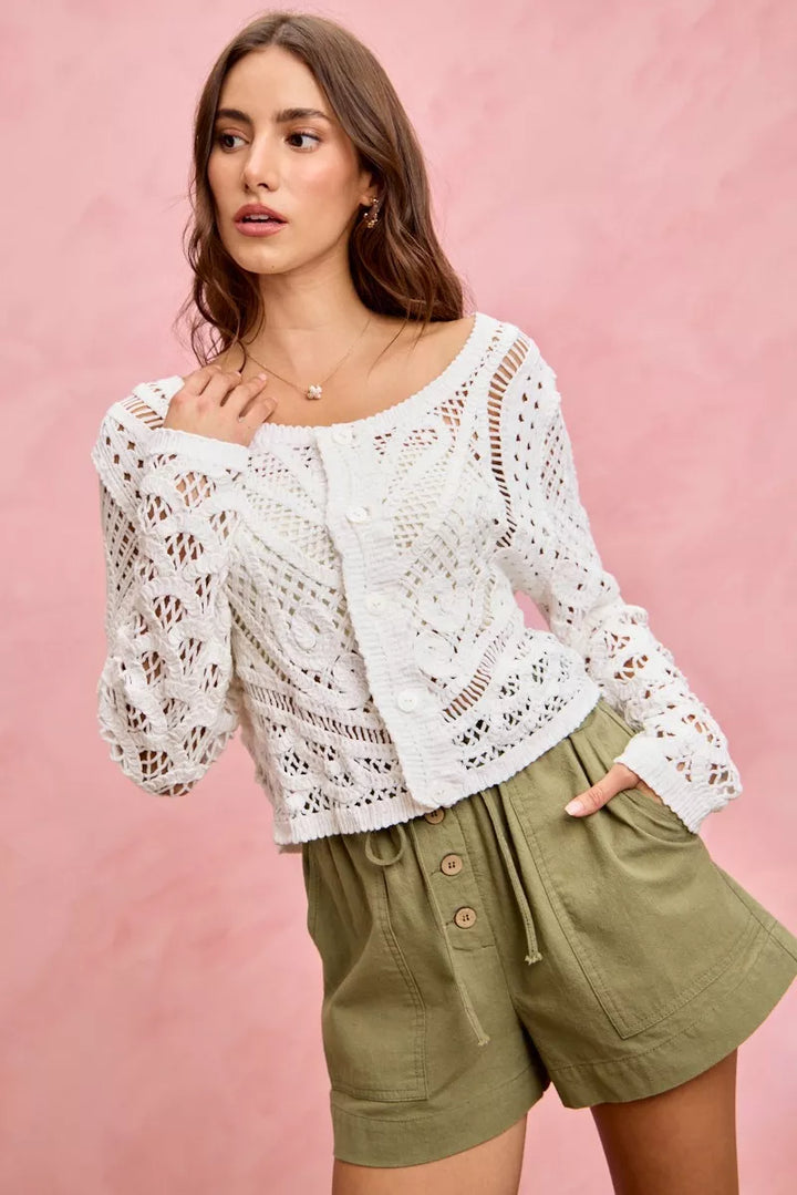 Paper bag waist twill shorts with button front and patch pockets