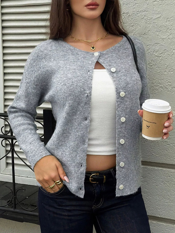 Soft ribbed knit button-down cardigan with drop shoulders