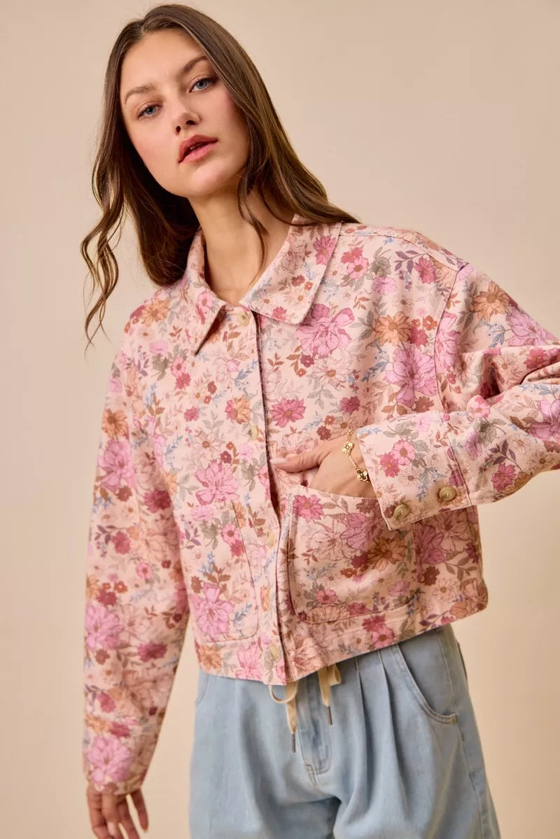 Blush Pink Cropped floral cotton twill barn jacket with patch pockets