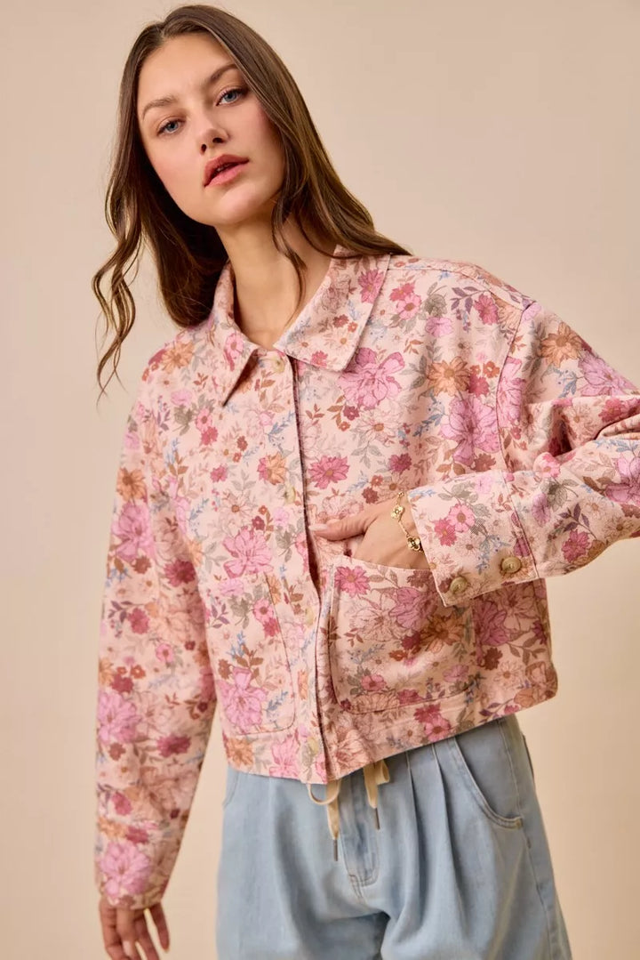 Blush Pink Cropped floral cotton twill barn jacket with patch pockets