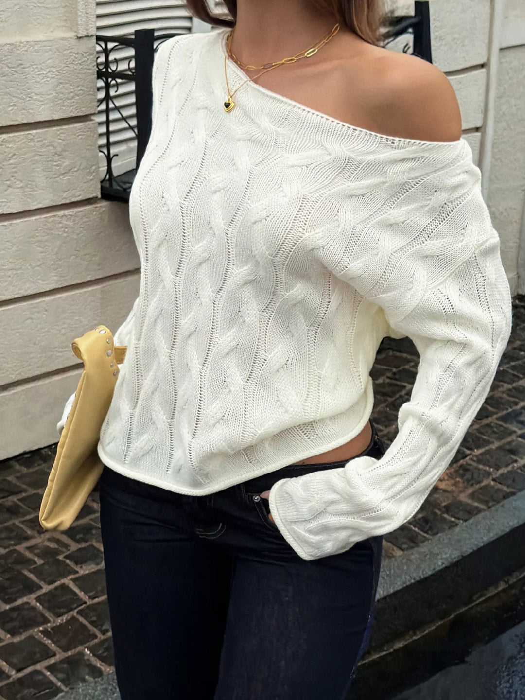 Cable knit asymmetric one-shoulder sweater with balloon sleeves