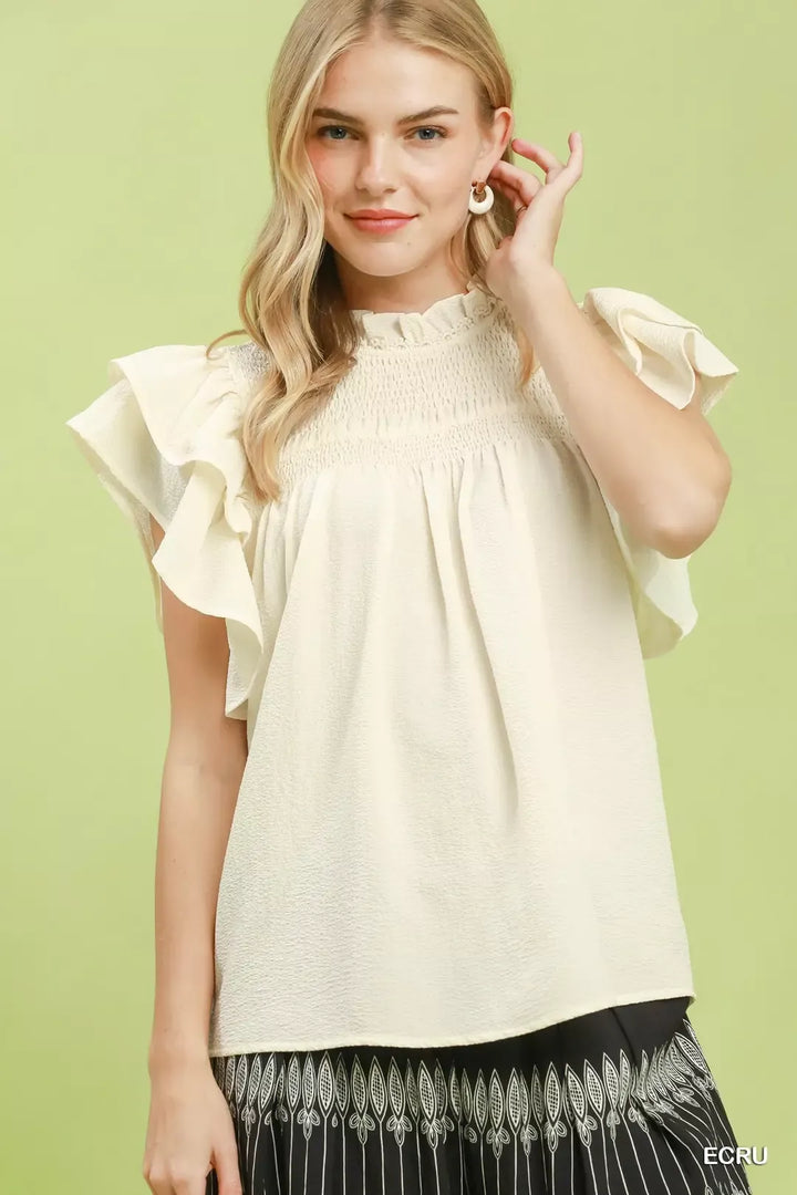 ECRU Smocked yoke ruffle flutter sleeve blouse