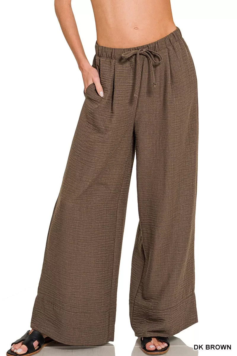 DK BROWN Wide-leg woven drawstring pants with side pockets