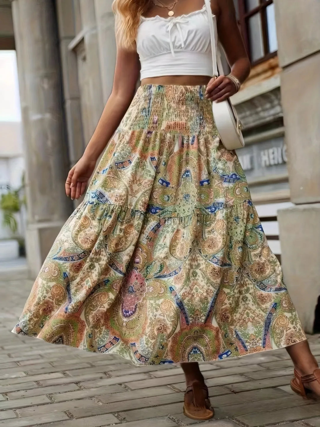 Smocked high-waist paisley print maxi skirt