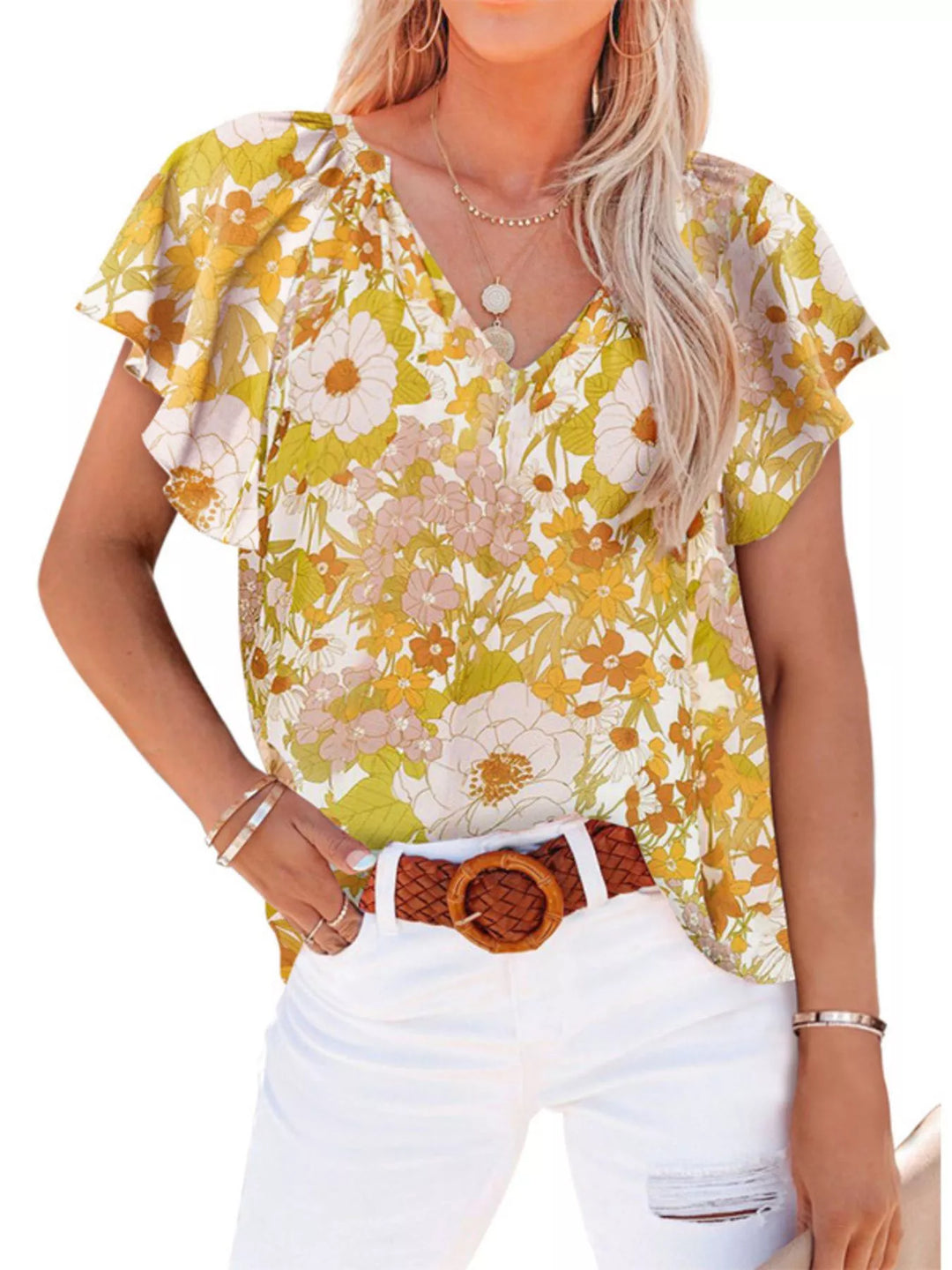 Floral print flutter sleeve V-neck blouse