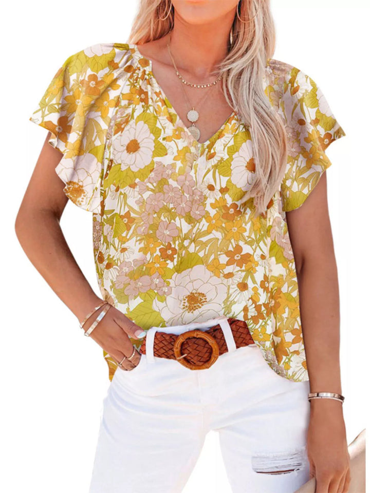 Floral print flutter sleeve V-neck blouse