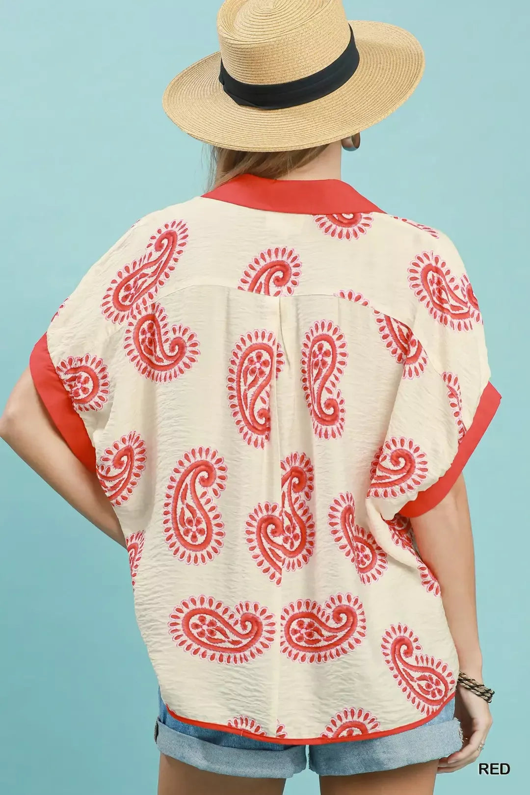 Paisley print short sleeve top with contrast trim