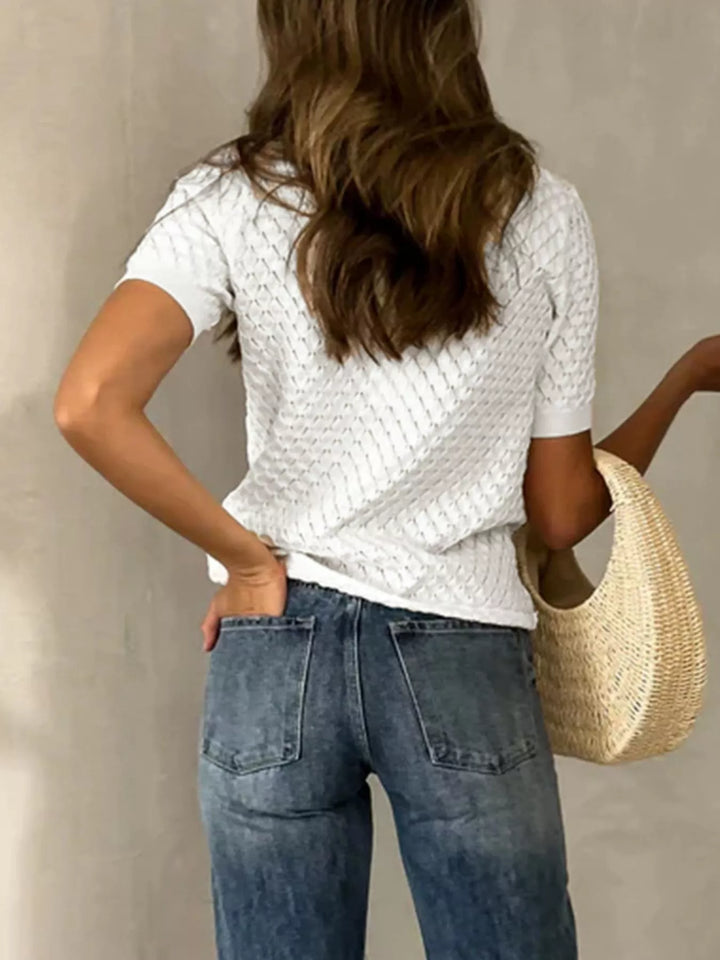 Textured pointelle knit collared short sleeve top