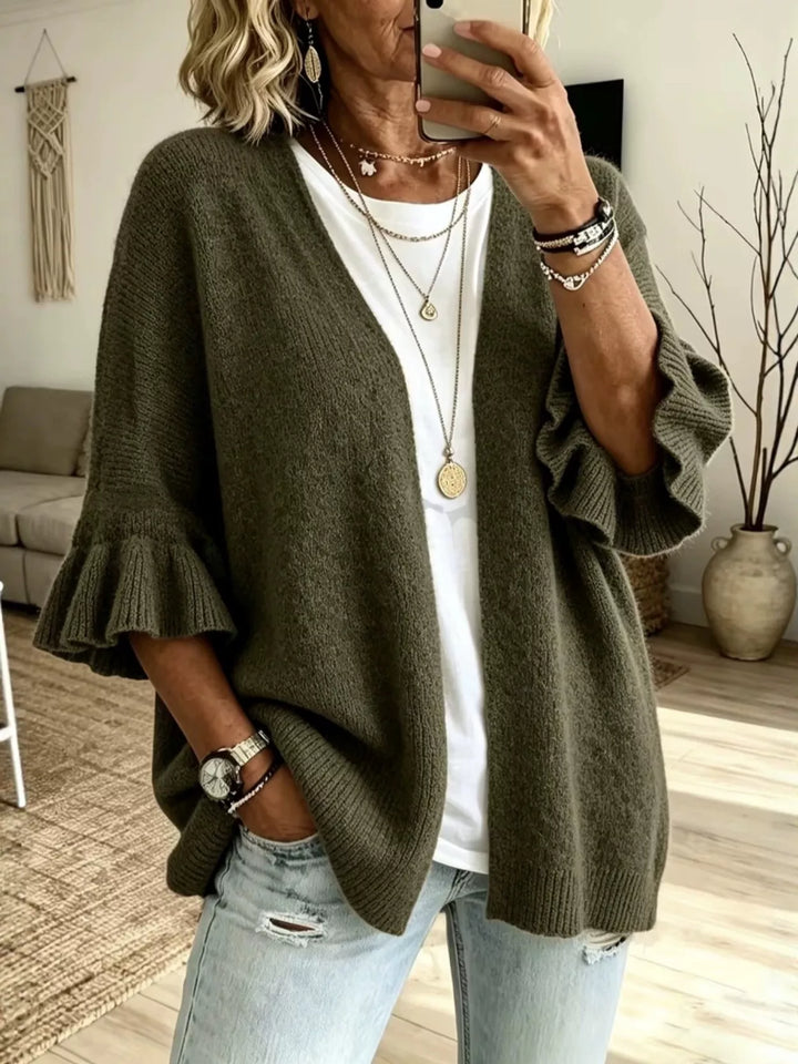 Army Green Ruffle bell sleeve open-front knit cardigan