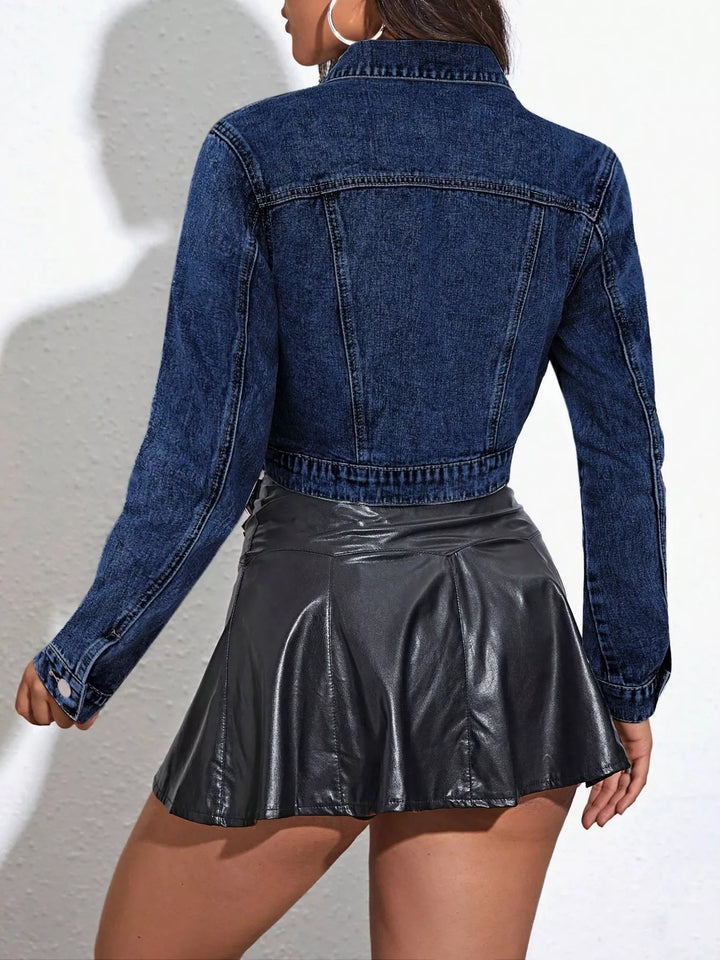 Cropped button-up denim jacket with flap chest pockets