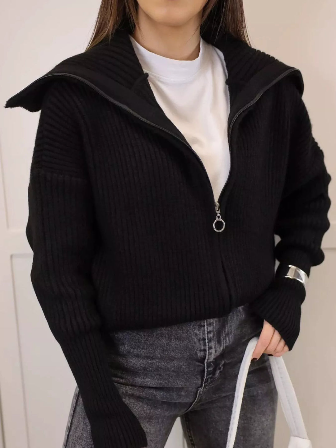 Chunky two-way zip sweater jacket with foldover collar