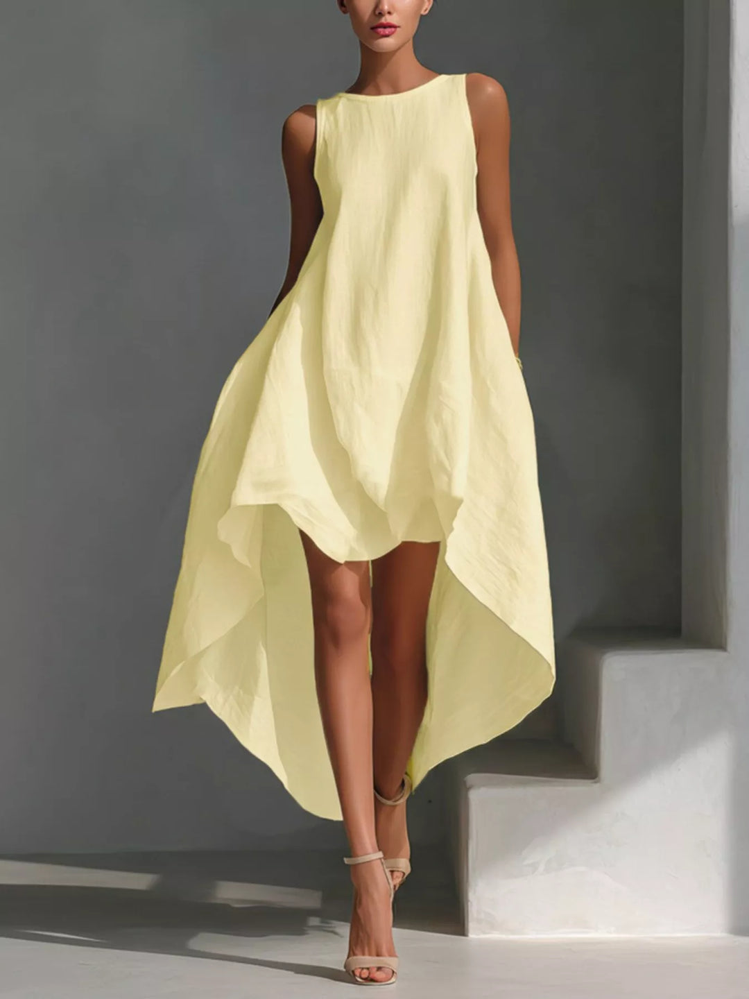 Pastel Yellow Sleeveless high-low asymmetrical hem dress