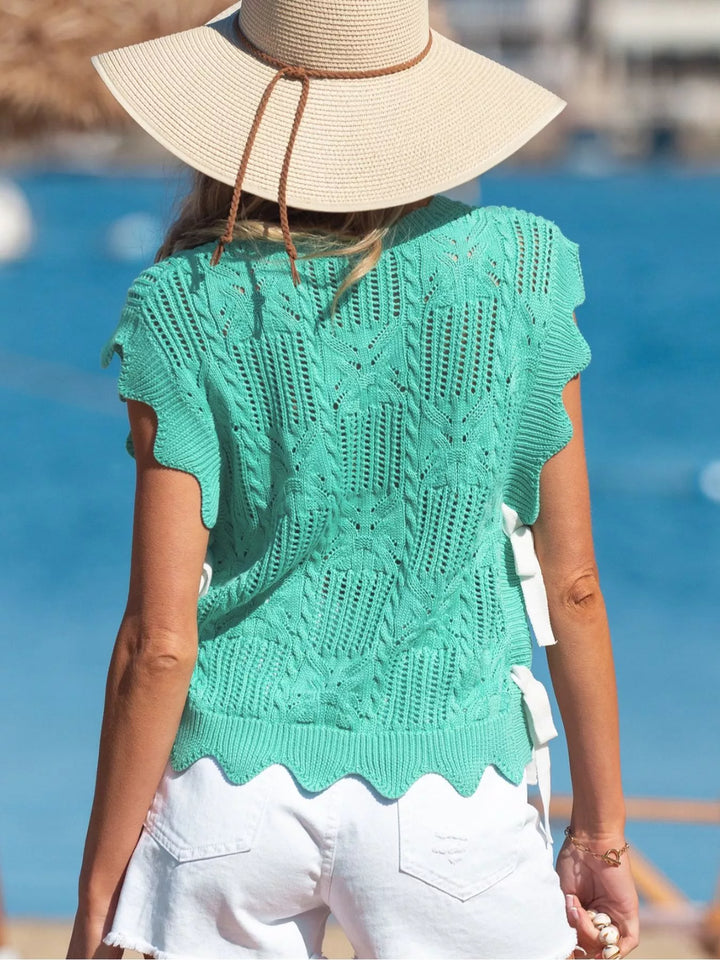 Pointelle openwork knit crop top with scalloped trim