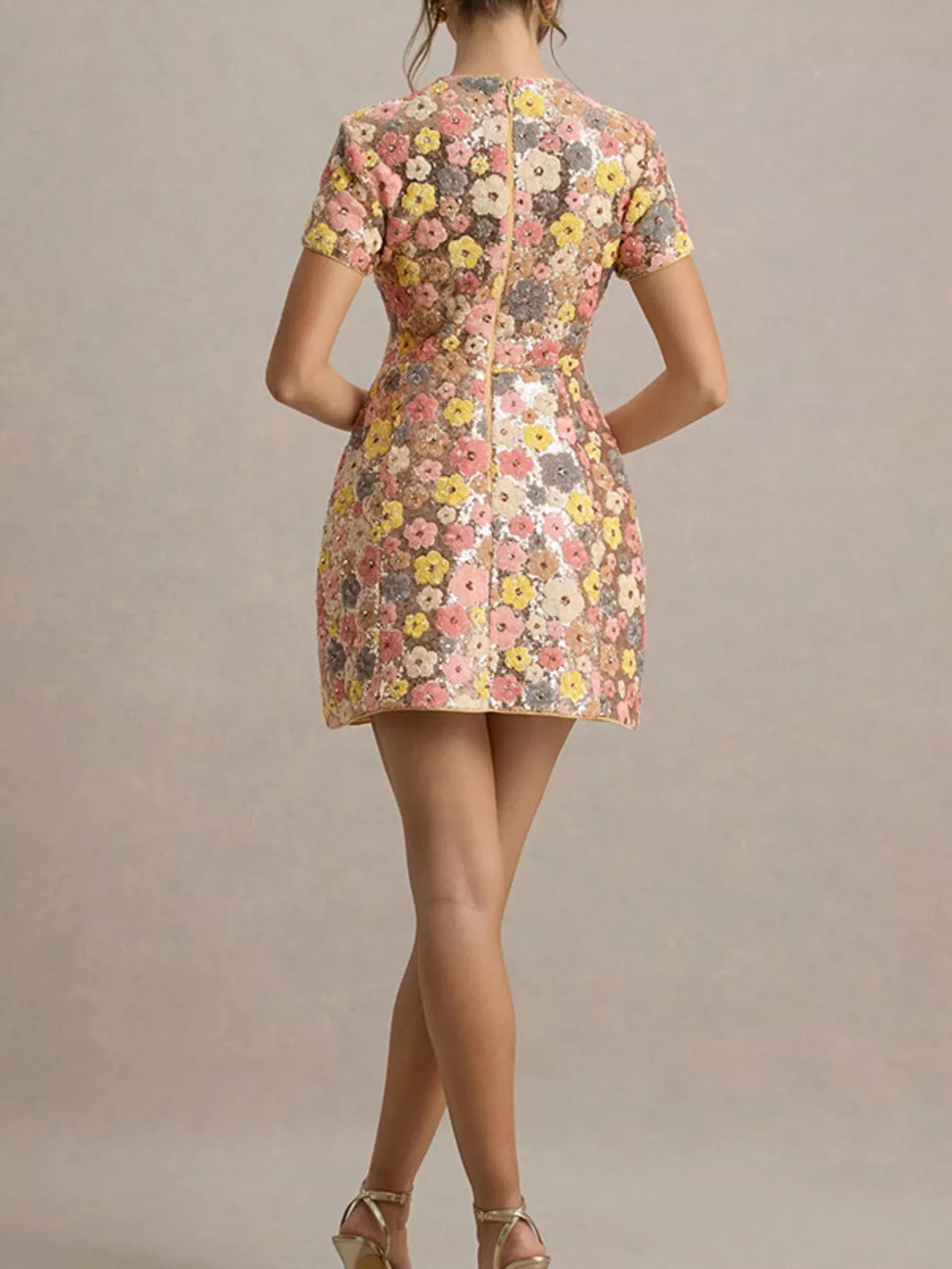 Floral sequin appliqué mini dress with short sleeves