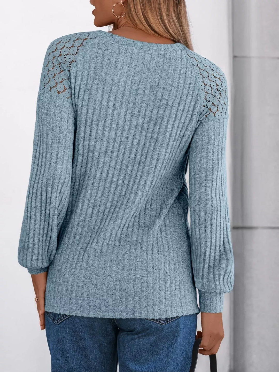 Ribbed knit long sleeve top with lace shoulder detail