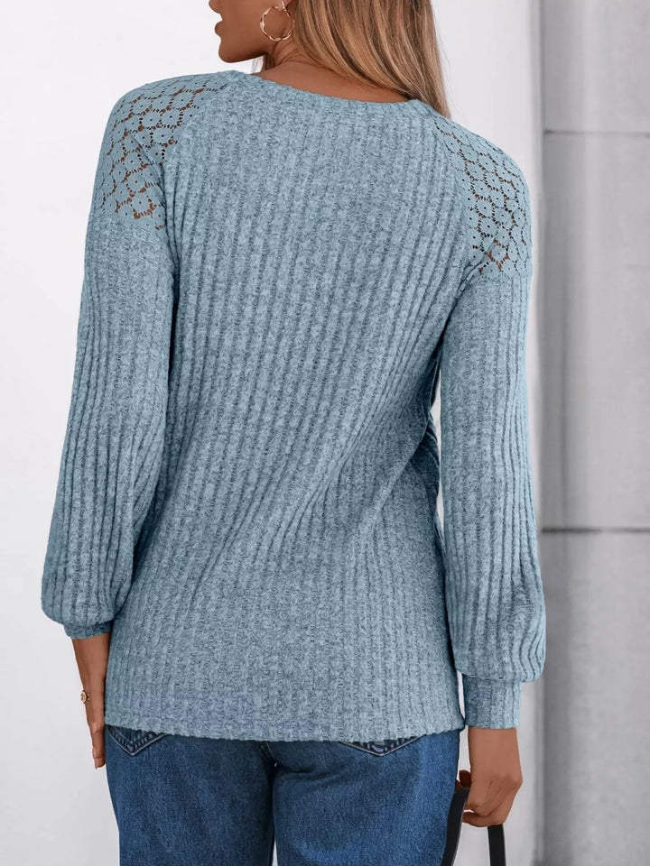 Ribbed knit long sleeve top with lace shoulder detail