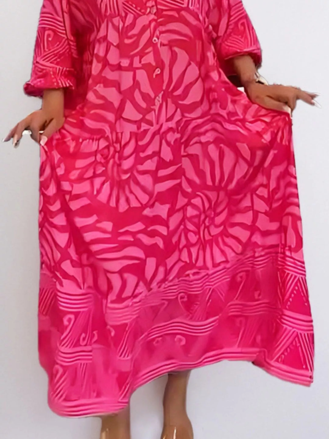 Abstract print button-front tiered midi dress