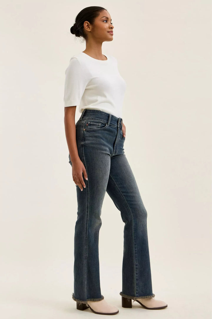 High-rise double-button frayed hem flare jeans