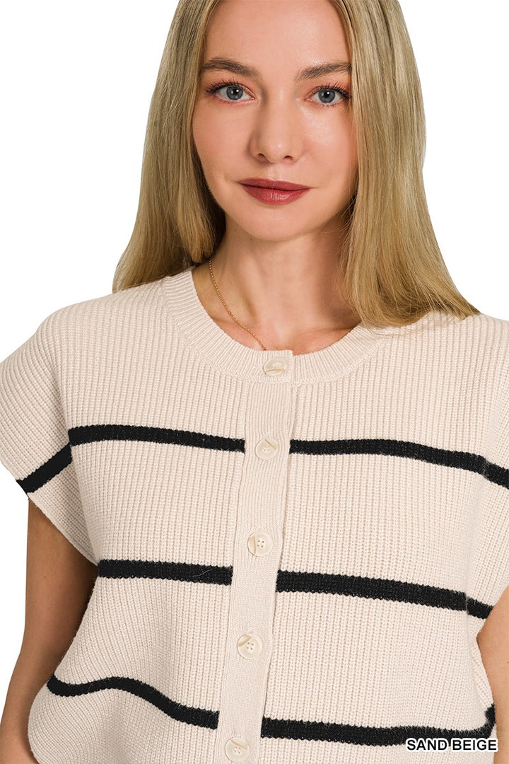 Striped ribbed knit sweater vest with button-down front