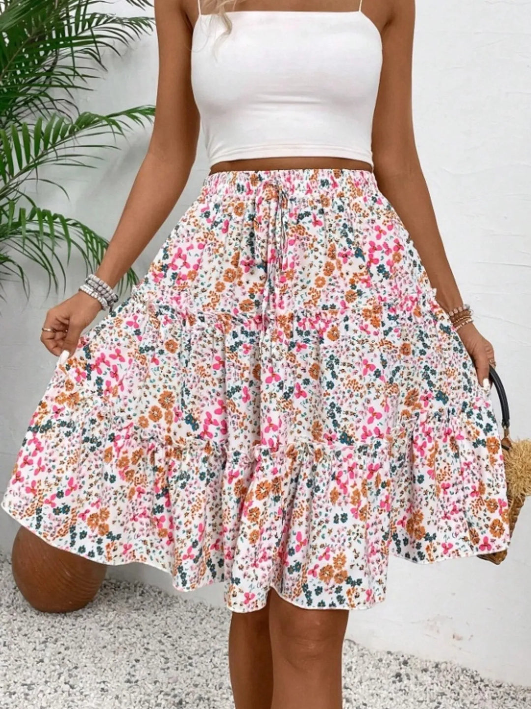 Pink Floral print tiered ruffle mini skirt