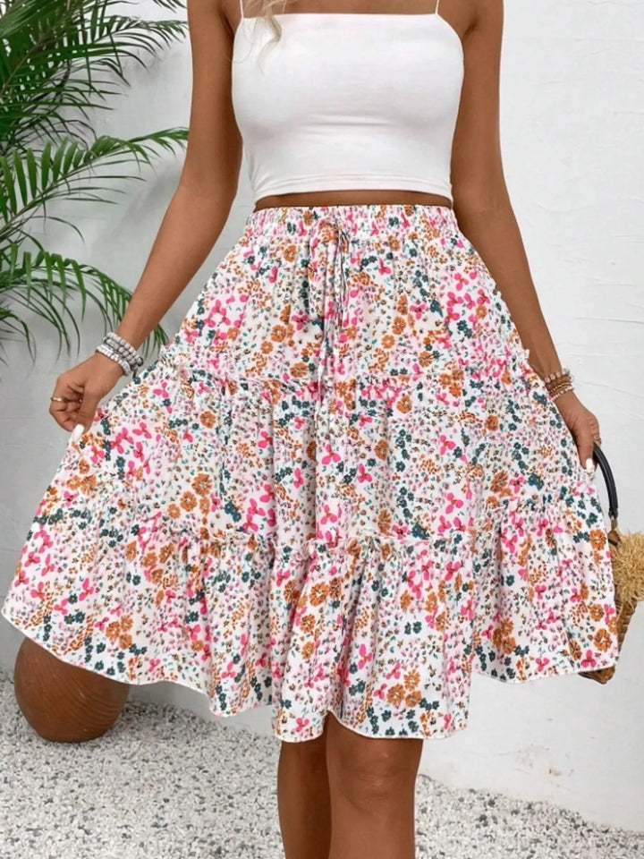 Pink Floral print tiered ruffle mini skirt
