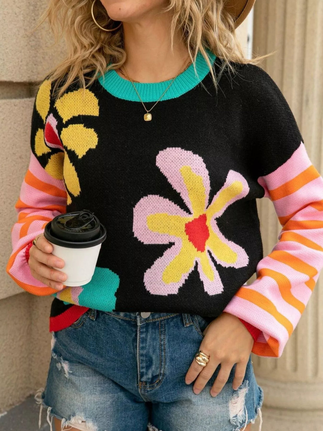Mod floral crew neck sweater with striped sleeves