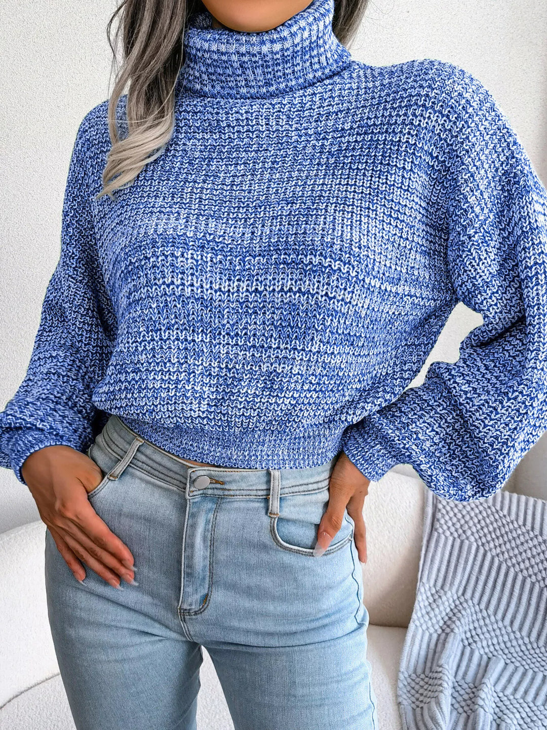 Waffle knit turtleneck sweater with dropped shoulders