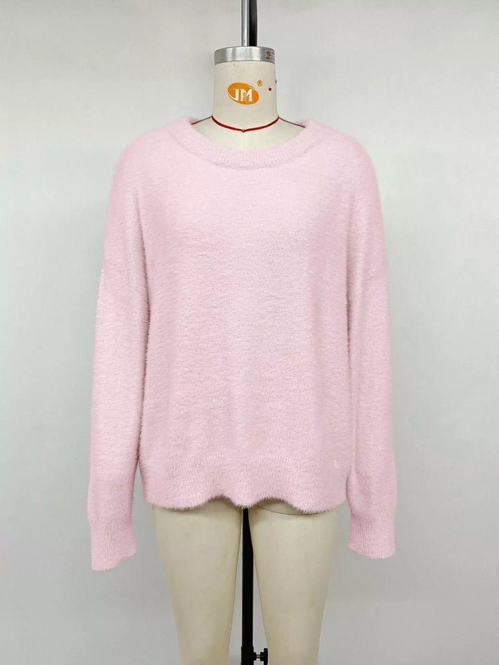 Fuzzy eyelash knit off-shoulder pullover sweater