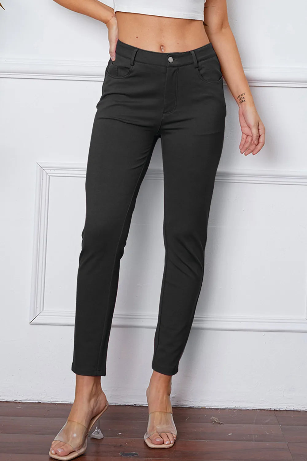 Gray Slim-fit stretch ankle pants with five-pocket styling
