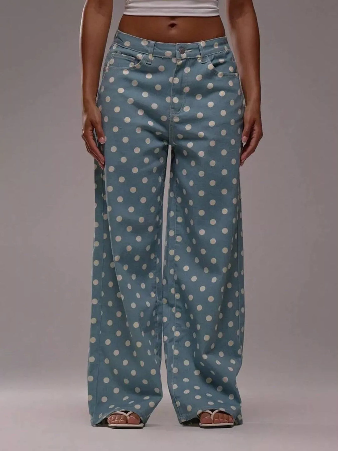 Polka dot high-rise wide-leg jeans with five-pocket styling