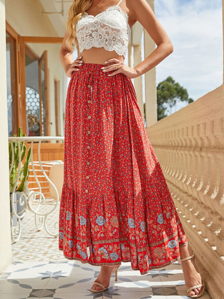 Floral print button-front midi skirt with side slit