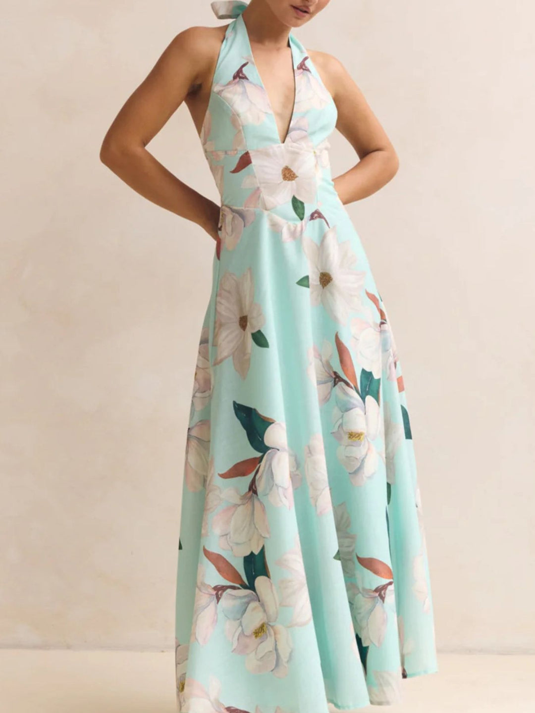 Floral print halter maxi dress with lace-up back