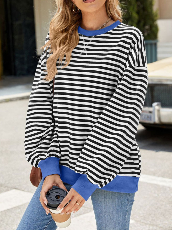 Striped crew neck sweatshirt with contrast ribbed trim