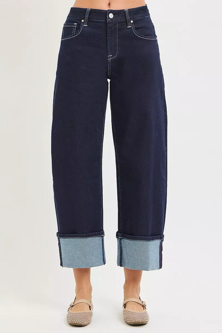 Solid Dark High-rise slouchy barrel-leg cropped jeans with cuffed hem