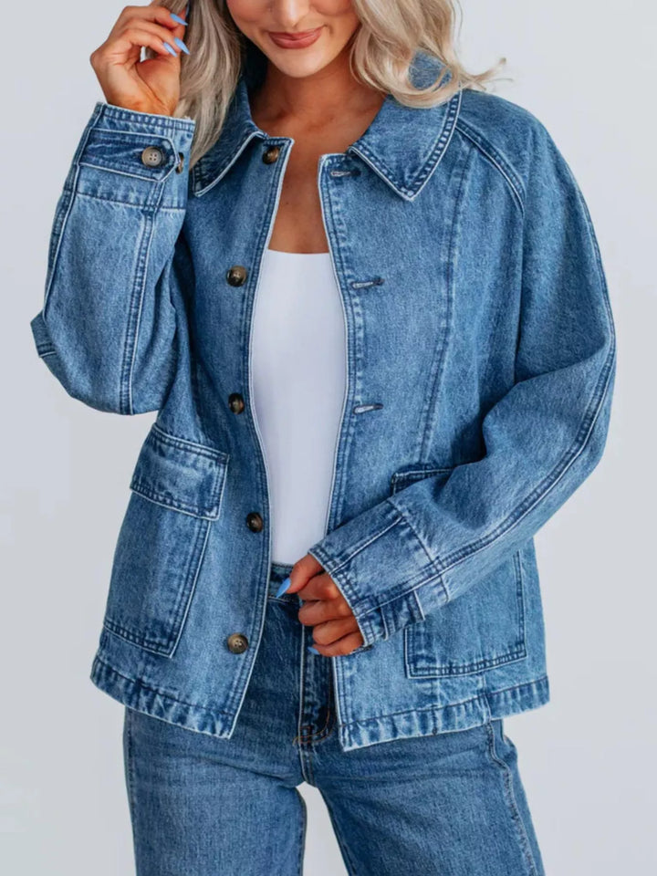 Oversized button-up denim jacket with raglan sleeves