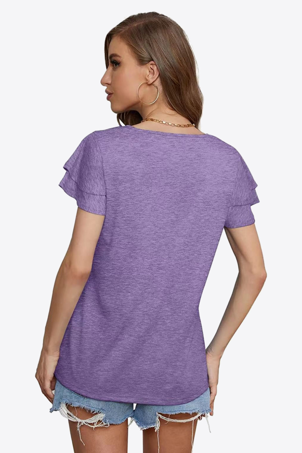 Tiered flutter sleeve blouse with split tie neck