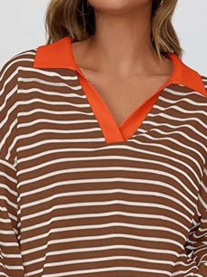 Striped oversized long sleeve top with contrast collar
