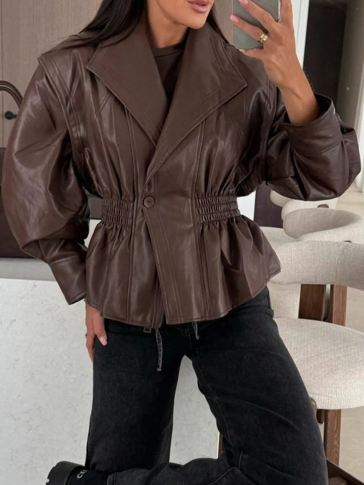Brown Faux leather peplum jacket with ruched waist